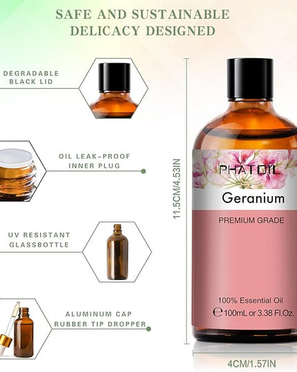 Geranium 3.38fl.oz Essential Oil, PHATOIL Aromatherapy Essential Oils for Diffuser, Humidifier, Perfect for DIY Soap, Candle, Bath Bombs Making(100ml)