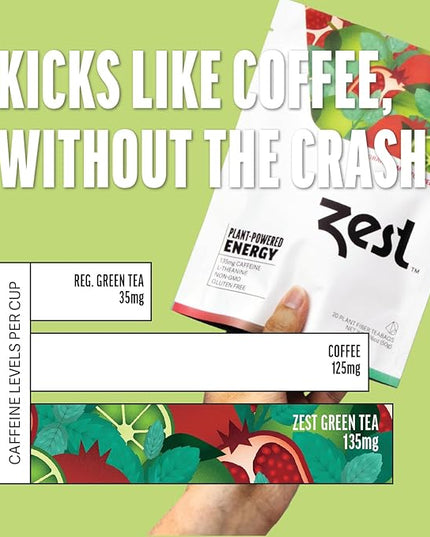 Zest Energy Green Tea – Pomegranate Mojito High Caffeine Tea Bags for Focus & Morning Energy – Natural Caffeinated Tea with 135mg Caffeine – Coffee Substitute – 20Ct Pack, Non-GMO & Keto Friendly