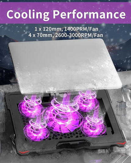AICHESON Laptop Cooling Pad for 15.6 to 17.3 Inches PC Notebooks, 5 Fans Computer Cooler Stands with Purple Lights Desk Chiller Mat, S035