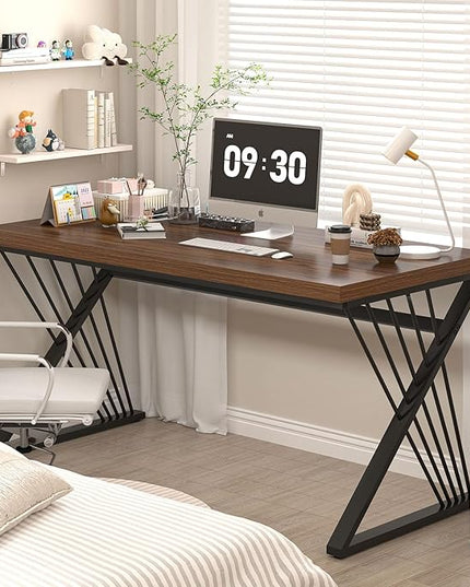 FOLUBAN Home Office Desks, Modern Wood and Metal Writing Study Work Table, Industrial Computer Desk for Bedroom Living Room, Rustic Walnut, 47 Inch