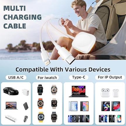 2Pack Travel Essentials 3 in 2 Multi Charging Cable for iWatch Charger/Type C/IP, Nylon iPhone Charger Cord, Multi Chargers for All Devices Compatible with iWatch Series/iPhone 17-11/iPad/AirPods 4FT