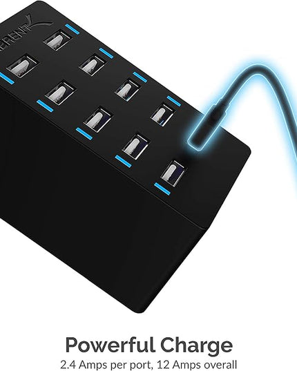 Sabrent 60 Watt (12 Amp) 10-Port [UL Certified] Family-Sized Desktop USB Rapid Charger. Smart USB Ports with Auto Detect Technology [Black] (AX-TPCS)