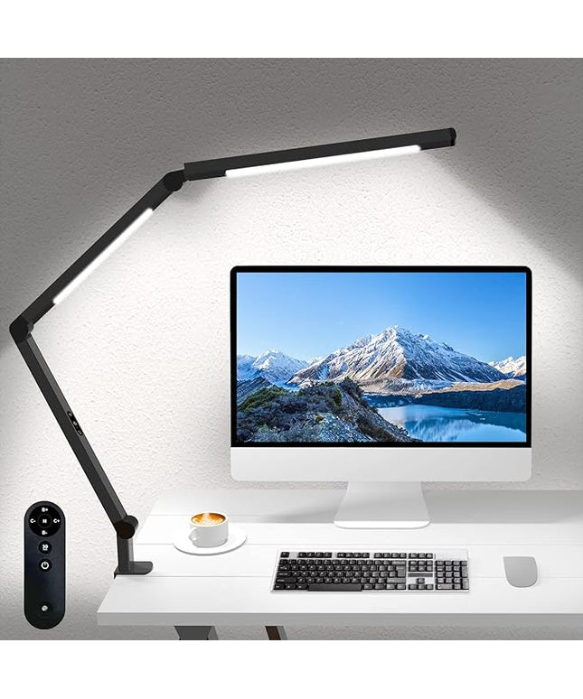 LED Desk Lamp with Clamp, Architect Desk Lamp for Home Office with Remote Control, Swing Arm Clamp on Computer Light, Clip-on Eye-Care Adjustable 5 Brightness Levels Table Light for Working Drafting