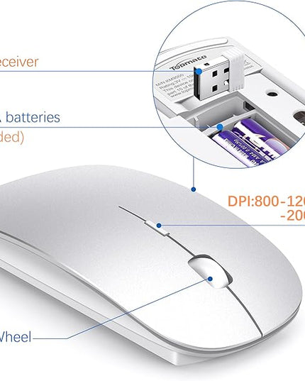 Wireless Keyboard and Mouse Ultra Slim Combo, TopMate 2.4G Silent Compact USB 2400DPI Mouse and Scissor Switch Keyboard Set with Cover, Batteries Included, for PC/Laptop/Windows/Mac - Silver White