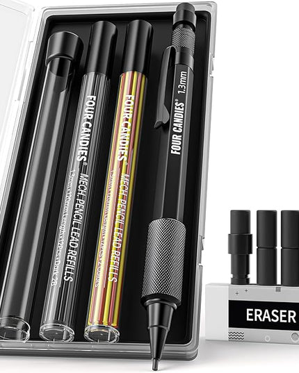Four Candies 1.3mm Mechanical Pencil Set with 24 Lead Refills, Metal Weatherproof Heavy Duty Outdoor Carpenter Pencil, Eraser, 6 Eraser Refills for Architect Drafting Woodworking Marking with Case