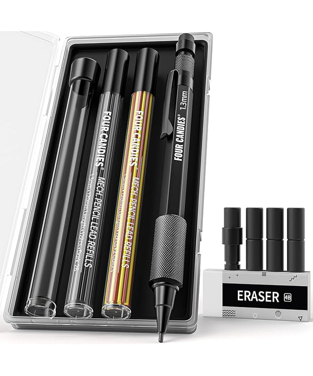 Four Candies 1.3mm Mechanical Pencil Set with 24 Lead Refills, Metal Weatherproof Heavy Duty Outdoor Carpenter Pencil, Eraser, 6 Eraser Refills for Architect Drafting Woodworking Marking with Case