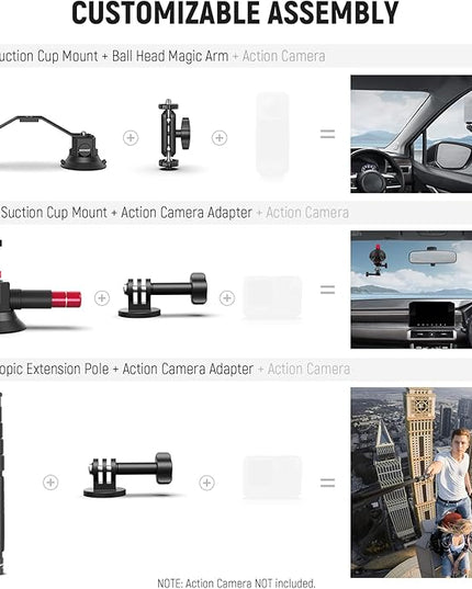 NEEWER Triple Suction Cup Car Mount Compatible with Insta360 X5 X4 GoPro DJI OSMO 360 Cameras, Quick Release Outside Windshield Magic Arm Mount Kit with 2 in 1 Extension Pole/Selfie Stick, CA065