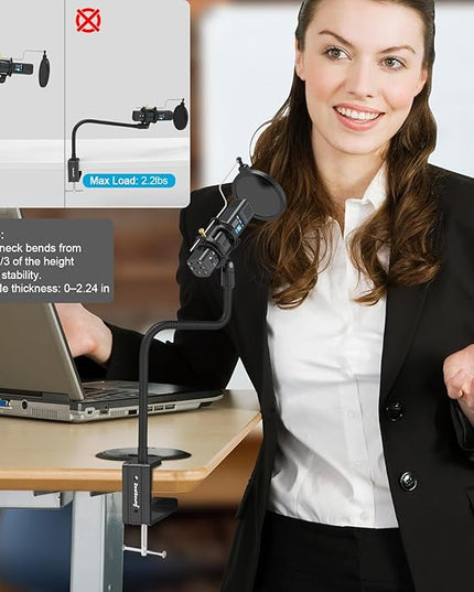 ZealSound Microphone Arm Stand,19 Inch Long Universal Gooseneck Desktop Mic Stand with 3/8" to 5/8" Adapter and Microphone Clip Holder, Upgraded Heavy Duty Desk Clamp for Blue Snowball Ice Mics Spark