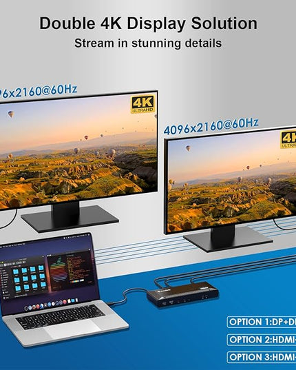 WAVLINK DisplayLink Laptop Docking Station - Dual Monitors 5K/4K@60Hz, 100W Charging - Thunderbolt 4/3, USB-C/A - M1 M2 Mac, Windows, Chrome, Ubuntu - 2HDMI, 2DP, 6 USB Ports, 130W Power, LAN, Audio