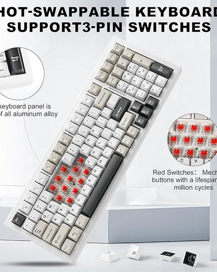 Wireless Game Mechanical Keyboard BT5.0/2.4GHz/USB, Multi-Color LED with 18+ Modes, Hot-Swappable Custom Keyboard, Red Creamy Switches, Gaming Keyboard for PC/Mac (Black White)