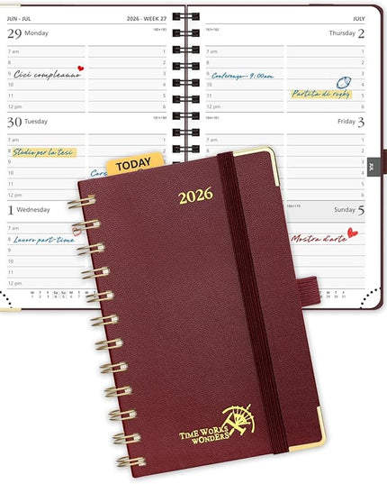 POPRUN 2026 Planner (Pocket Size 4''x 6.25'' Wire-Bond Hard Cover) Calendar Weekly and Monthly (Jan.2026-Dec.2026) Small Planner with Hourly Time Slots, for Purse, 100 GSM - Burgundy
