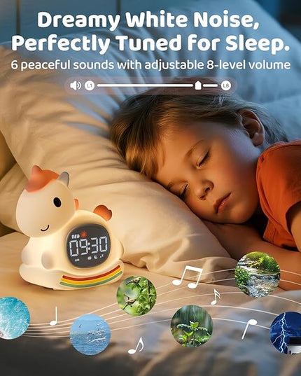 Alarm Clock with Night Light for Kids with Sleep Training and Sound Machine, Rechargeable Silicone Lamp OK to Wake Clock，Cute Animal Tabletop Lamp, Perfect Sleep Companion for Boys Girls,Pink Pony