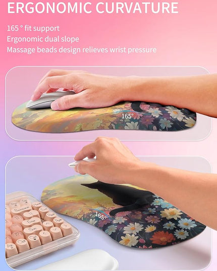 Hokafenle 2in1 Combination, Wave Keyboard Wrist Rest and Ergonomic Curvature Mouse Pad Wrist Support for Relieve Wrist Pain, Filled with Soft Cushion Memory Foam, Wishing Cat