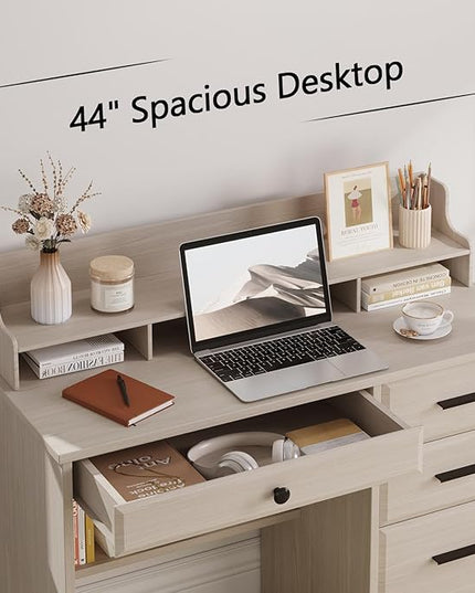 4 EVER WINNER Small Desk with Drawers, Computer Desk with File Cabinet & Monitor Stand, Home Office Desks with Drawers, Wood Writing Desk for Bedroom, Off White