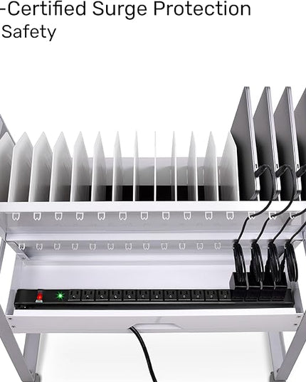 Line Leader 16-Device Mobile Charging Station | Steel Rolling Cart for Laptops, Tablets, & Chromebooks | Open Design with Dividers & UL-Certified Surge Protection | Portable Charging Stand (White)