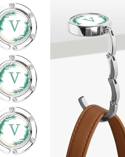 Iqimott 3pcs Personalized Initial Foldable Purse Hook for Table, Flower Letter Folding Handbag Hanger Portable Magnet Table Hook Holder, Collection Desk Purse Hooks for Women Bag (Green-V)