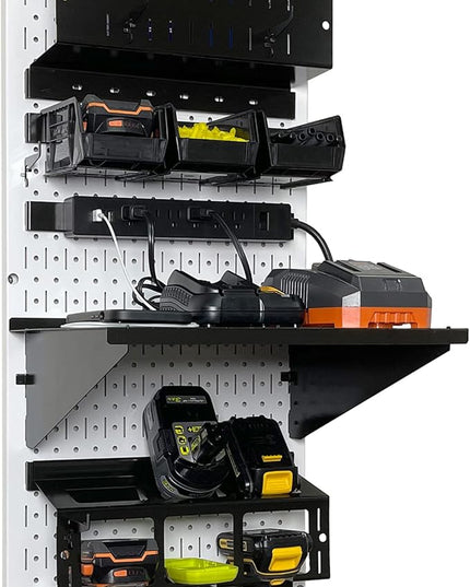 Wall Control Power Tool Storage Organizer Kit Cordless Drill Holder Charging Station Rack 16” x 32” Metal Pegboard Organization System (White Pegboard)