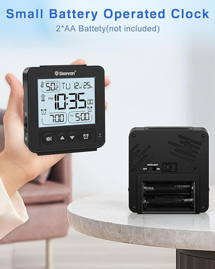 Geevon Small Digital Alarm Clock for Heavy Sleepers, Portable Travel Atomic Clock with Battery Powered, Compact Desk Table Clock with Auto Light Night, Dual Alarms, 8s Backlight for Bedroom, Black