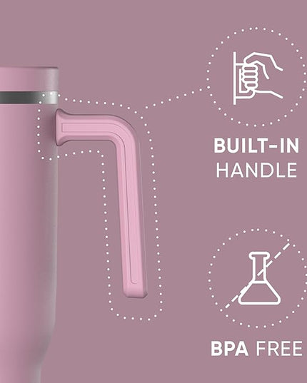 Hydrapeak Voyager 40 Oz Stainless Steel Tumbler with Handle, Insulated Water Bottle With Straw & Lid, Cupholder Friendly Reusable Travel Mug (Cotton Pink)