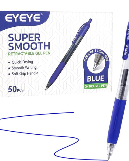 EYEYE G-103 Retractable Gel Pens 0.7mm, 50 Pack 0.7 mm Blue Ink Medium Point Ballpoint Pen Quick Drying, Pen Fine Point Smooth Writing Pens for for Office School Supplies