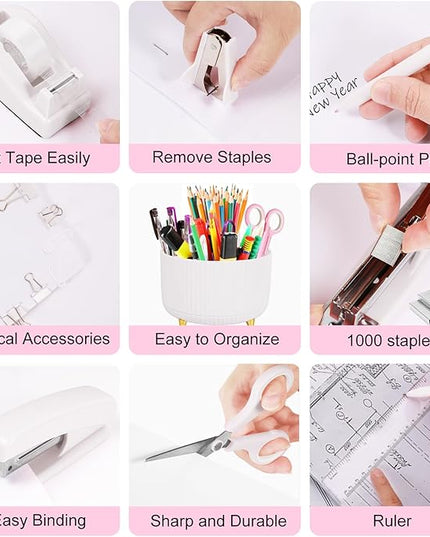 Desk Organizers and Accessories Set with 360-Degree Rotating Pen Holder, Tape Dispenser, Stapler, Staple Remover, 1000 Staples, Tape, Clips Set, Ruler, Scissor, Pen