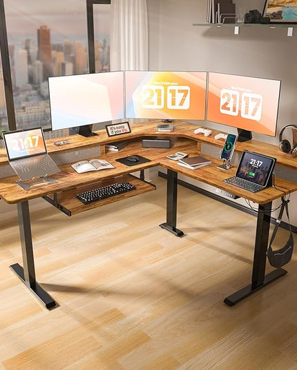 L Shaped Standing Desk with USB Charging Port & 4 Drawers,63 x 55 inch Electric Adjustable Height Corner Stand Up Desks with Keyboard Tray & Storage,Sit Stand Computer L Desk for Gaming Office