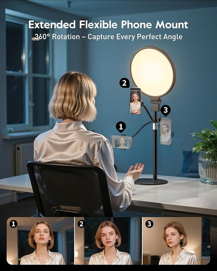 2300 Lumens Ring Light with Stand for Desk, Computer & Laptop – Podcast & Streaming Light with Flexible Phone Holder, CRI 98+ Bright Yet Soft Influencer Light for Video Recording, Conference & Calls