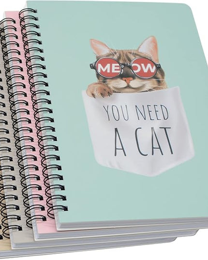 Yansanido Spiral Notebook, 4 Pcs A5 Thick Cat Design Hardcover 8mm Ruled 4 Color 80 Sheets -160 Pages Journals for Study and Notes (Cat)
