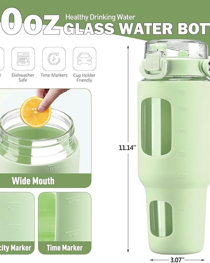 BLUEGO 40oz Glass Tumbler with Lid and Straw, Glass Water Bottles with Handle, Glass Cup with Time Marker and Silicone Sleeve, Fits Most Cup Holder, Leak-proof, Green