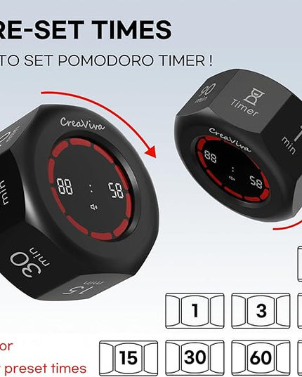 Pomodoro Timer, Flip Cube with 7 presets Countdown, Count up, Rechargeable Small Portable Visual Focus Stopwatch for ADHD, Kids, Classroom, Kitchen, Work, Study, Productivity (Space Grey)