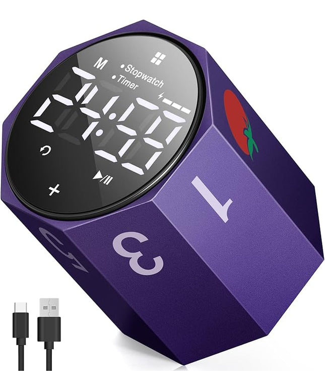 Digital Pomodoro Timer,Frosted Metal Productivity Cube Timer,1.8 in LED Digital Large Screen,Auto-Rotating Display,1/3/5/10/25/30/60min & Custom Time, Silent & Alarm,for Office, Study, Work(Purple)