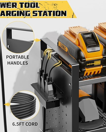 Power Tool Organizer with Charging Station Wall Mount, 3 Layer Expanded Heavy Duty Garage Organization, 48.8 Inch Length Garage Tool Storage, 4 Drill Slot, 16" Standard Hole, Black