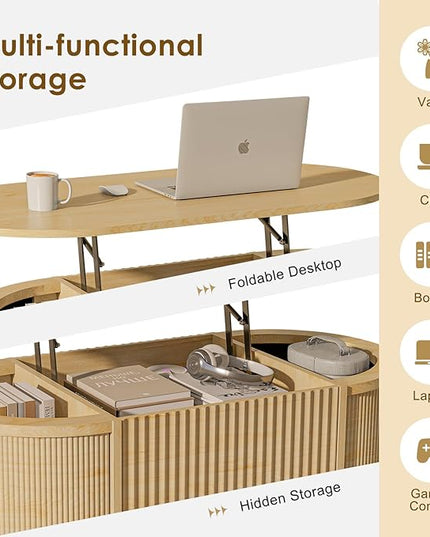 LYNCOHOME Fluted Lift Top Coffee Table with Storage,Modern Oval Coffee Table for Living Room Or Home Office（Natural）
