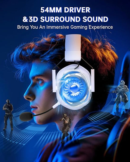 RYR Wireless Gaming Headset for Xbox Series X|S, Xbox One, PC, PS5/4, Mac, Mobile, Switch, 3D Surround Sound, Bluetooth 5.3, 60H Battery, Gaming Headphones with Detachable Noise Canceling Mic-White