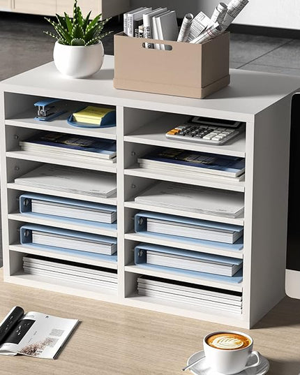 VEVOR Literature Organizers, 12 Compartments Office Mailbox with Adjustable Shelves, Wood Literature Sorter 20.4x12x16.1 inches for Office, Home, Classroom, Mailrooms Organization, EPA Certified White