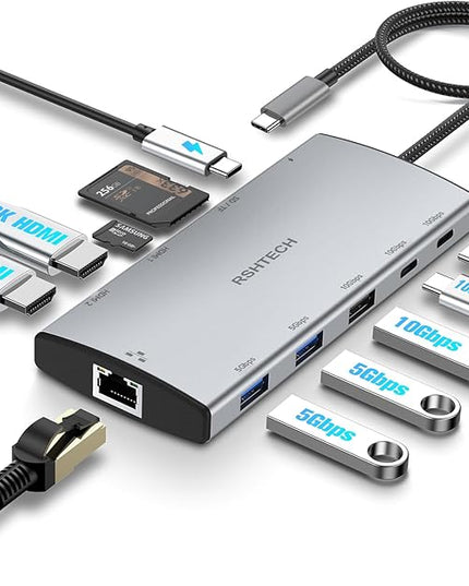 USB C Docking Station Dual Monitor, RSHTECH 11-in-1 USB C Hub Multiport Adapter with 2 HDMI 4K/8K, 3 USB 3.2 Ports 10Gbps(2C+1A), 2 USB 3.0 Ports, 100W PD, Gigabit Ethernet, SD/TF Card Reader
