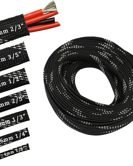 30ft PET Expandable Sleeving Wire Cable Sleeve (1/4", Silver&Black)