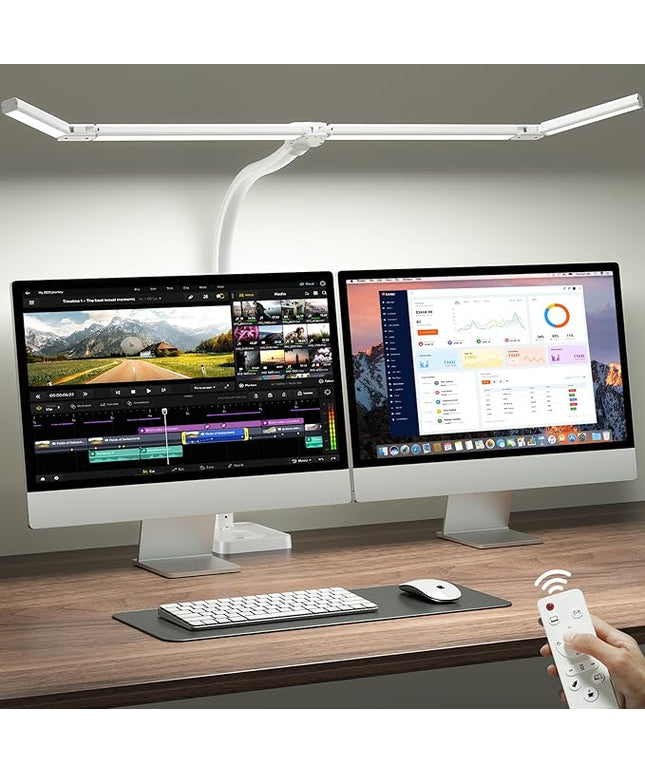ONEMIX 42" LED Desk Lamp for Home Office, Eye-Caring Desk Light with Adjustable 4-Segment Bar, 1800LM Bright, Remote, Architect Table Lamp with Base for Dual Monitors, Reading, Study, Workbench(White)
