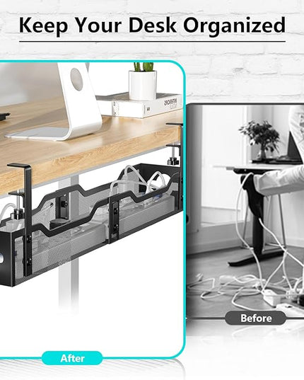 Under Desk Cable Management Tray 24.8", Quszmd Cable Organizer No Drill, Standing Cord Organizer and Wire Management Tray - No Damage to Desk, Black