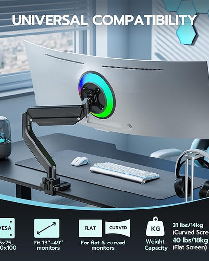ARES WING Ultrawide Monitor Arm, Heavy Duty Single Monitor Mount for 13"-49" Curved Screens, Adjustable Stand for Desk with C-clamp & Grommet Base up to 40 LBS, Black