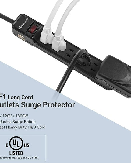 DEWENWILS 2-Pack Power Strip Surge Protector,25 Ft Extra Long Extension Cord, Low Profile Flat Plug,15 Amp Circuit Breaker, 500 Joules, Wall Mount, Black, UL Listed
