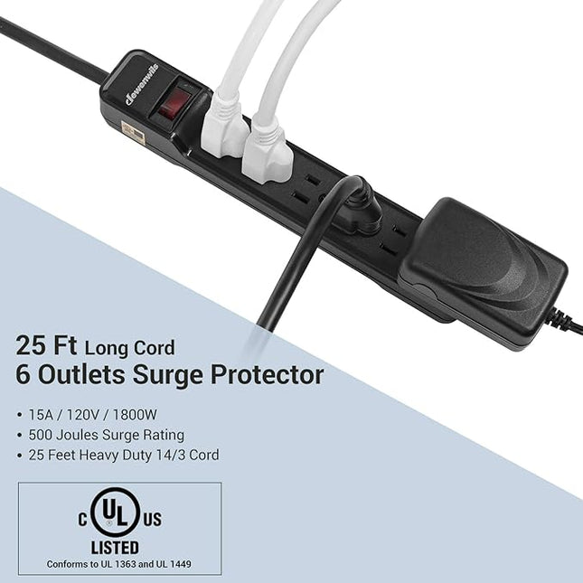 DEWENWILS 2-Pack Power Strip Surge Protector,25 Ft Extra Long Extension Cord, Low Profile Flat Plug,15 Amp Circuit Breaker, 500 Joules, Wall Mount, Black, UL Listed