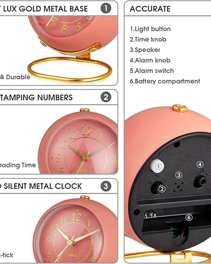 rjuwurv Metal Desk Alarm Clock, Retro Bedroom Table Vintage Analog Alarm Clock, Silent Non-Ticking Gold Clock, Bedside Décor(Sweet Pink)