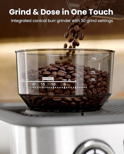 Kismile Dual Boiler Espresso Machine with Grinder, 20 Bar Espresso Maker with Milk Steamer & Hot Water, Dual LED Display, Pressure Gauge, Burr Grinder, coffee Machine for Home&Office, Stainless Steel