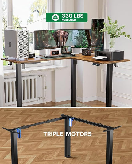 Marsail 63×55 in Electric Corner L-Shaped Standing Desk with 4-in 1 Electical Outlet, Computer Desk with Headphone Hook, Memory Sit Stand up Home Office Table, Ergonomic Gaming Table,Brown