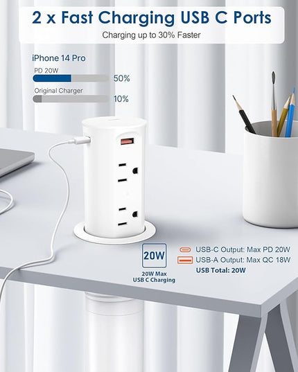 2.5 inch Hole Pop up Outlet for Countertop,20W USB C,4 USB Ports,4 Outlets 15Amp Tamper Resistant Receptacle Flush Mount,Space Saver Recessed Outlet,1875W,ETL Listed