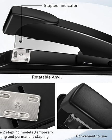 Thenshop 12 Pcs Desk Staplers Tape Dispensers Sets Black Staplers for Desktop Office with Standard Staples Black Holder with White Tape for Office School