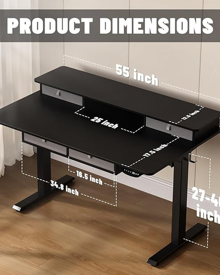 55 * 30 Inches Electric Standing Widened Desk Adjustable Height with 4 Drawers, Double Storage Shelves Stand Up Desk, Home Office Workstation Sit Stand up Desk (Classical Black)
