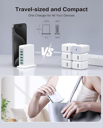 USB Charger Block, 45W 6-Port Charging Station for Multiple Devices, USB A and Type-C Charger Tower Fast Charging Dock Hub Power Strip for iPhone iPad Tablets Android Smartphones, Home Office Use