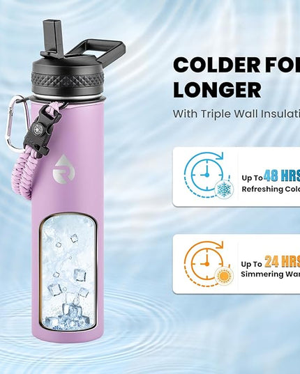 Insulated Water Bottle 24oz, Triple Wall Vacuum Stainless Steel (Cold for 48 Hrs, Hot for 24Hrs), Leak Proof & Non-BPA, 24oz Hydro Water Flask with Paracord Handle & Straw Spout Lids